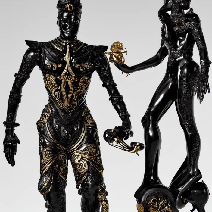 Prompt: fine art statue of black egyptian god on a surrealist motorbike, ebony art deco, carved black marble, inlaid with ebony and gold accents, ebony rococo, wings black lace wear, sculpted by spider zero, zaha hadid, beautifully lit, hyper detailed, intricate, elite, ornate, photorealistic, micro details, 3 d sculpture, ray trace