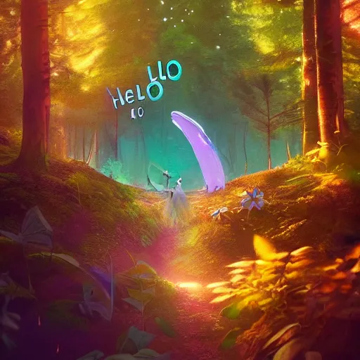 Image similar to 'Hello World' sign in a fairy forest, by Beeple, RHADS, and Greg Rutkowski, trending on artstation, unreal engine, 4k, high quality render, digital art