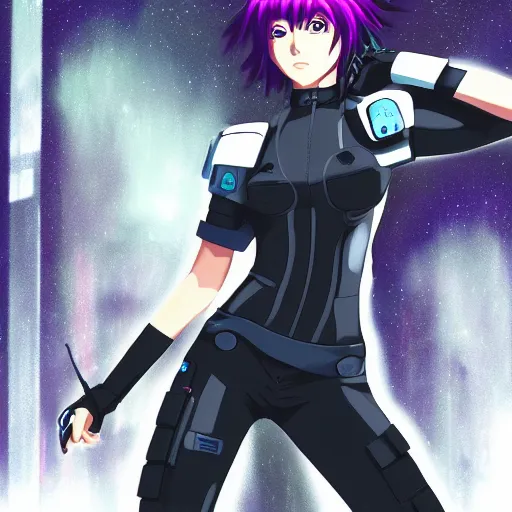 Image similar to Anime Major motoko kusanagi in all black uniform, digital art, dot matrix