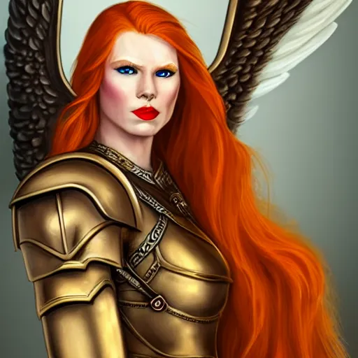 Prompt: A portrait of a beautiful redhead valkyrie as a D&D character, realistic, smooth skin, symmetrical, golden ration