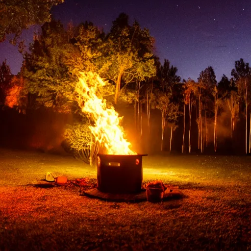 Image similar to a photo of a nighttime scene with a fire illuminating the trees