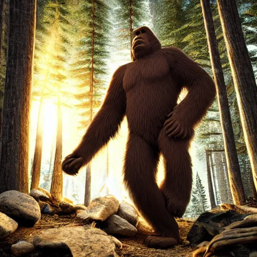 Prompt: bigfoot near a camp fire in a dark forest, highly detailed, photorealistic portrait, bright studio setting, studio lighting, crisp quality and light reflections, unreal engine 5 quality render