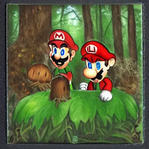 Image similar to mario and luigi eating mushrooms in the forest in a photorealistic style, photo captured on polaroid