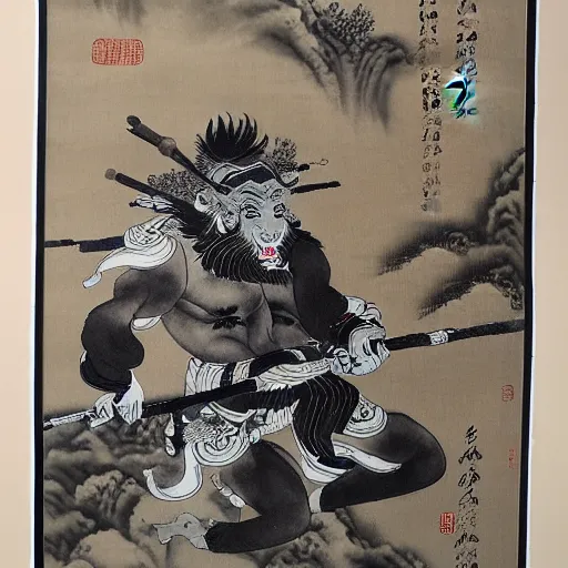 Prompt: a Chinese ink painting, taoism wukong, by wu daozi, HD,