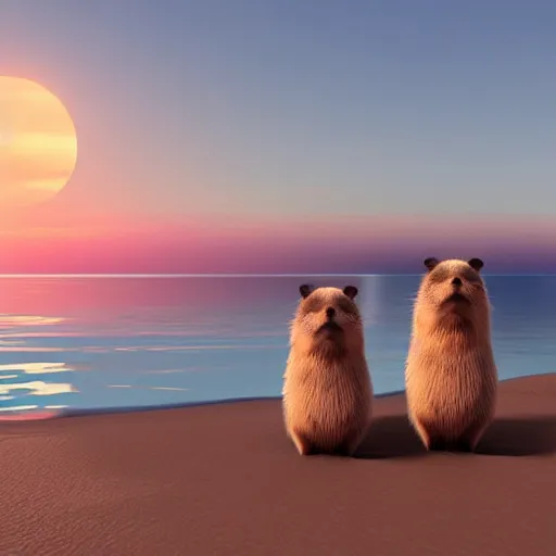 Image similar to “capybara and bunny with black spots on face and nose, on the beach with blue water and white sand, swaying palms, photorealistic render, colorful sunset, unreal engine 5, dynamic lighting, trending on artstation,”