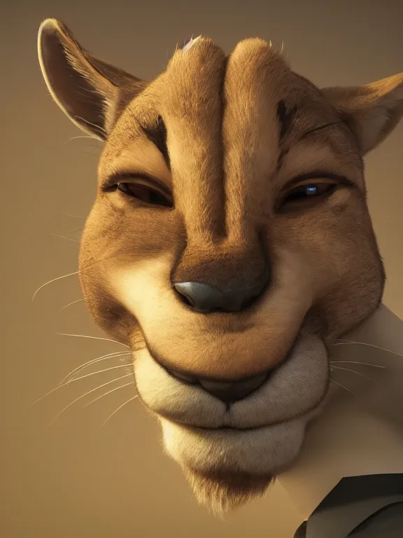 Image similar to a film still from the movie zootopia main character portrait anthro anthropomorphic mountain lion head animal person fursona wearing suit and tie pixar disney dreamworks animation sharp rendered in unreal engine 5 octane key art by greg rutkowski bloom dramatic lighting modeling expert masterpiece render