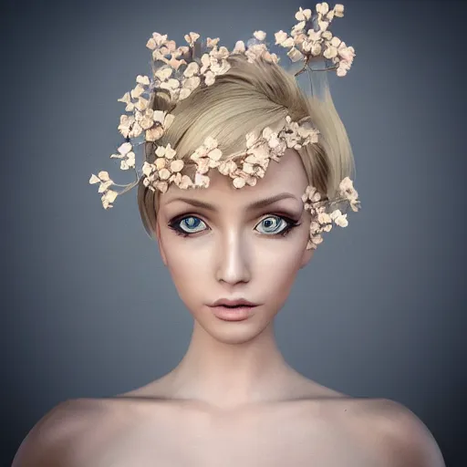 Image similar to beautiful blonde lady in flower dress, hyperrealistic, ultra detailed, octane render, symmetric, 3d, majestic, dark fantasy, intricate