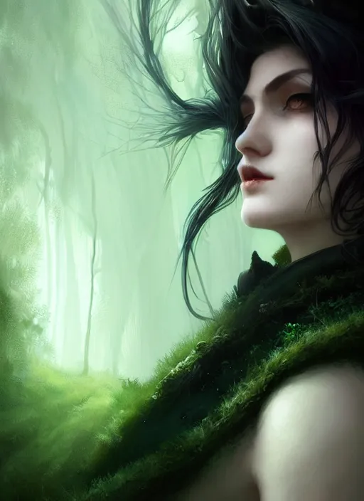 Image similar to close up side portrait dark witch, adventurer outfit large cloak, fantasy forest landscape, big moon, fantasy magic, undercut hairstyle, short green black fade hair, dark light night, intricate, elegant, sharp focus, illustration, highly detailed, digital painting, concept art, matte, art by WLOP and Artgerm and Greg Rutkowski and Alphonse Mucha, masterpiece