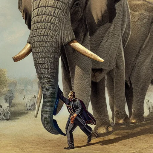 Prompt: the grand duke, leading a herd of elephants to market, fantasy, digital illustration, intricate