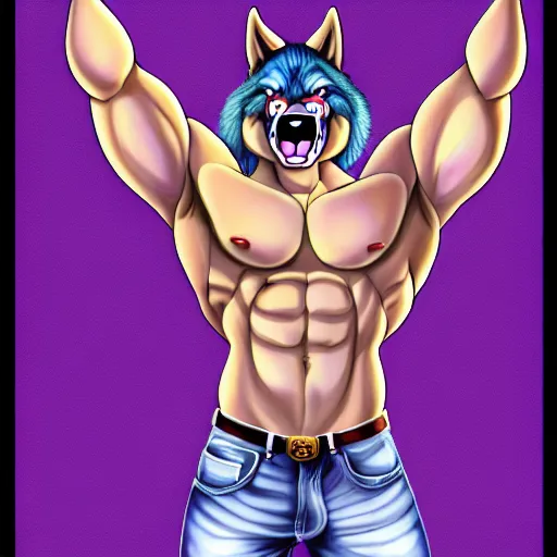 Prompt: painting of an anthropomorphic bulky muscular purple wolf, furry style, wearing jeans, deviant art, fursona, professional furry drawing, insanely detailed, bulky wolf - like face with dragon features, doing a pose from jojo's bizarre adventure, detailed veiny muscles, exaggerated features, beautiful shading, huge teeth, grinning, colorful background