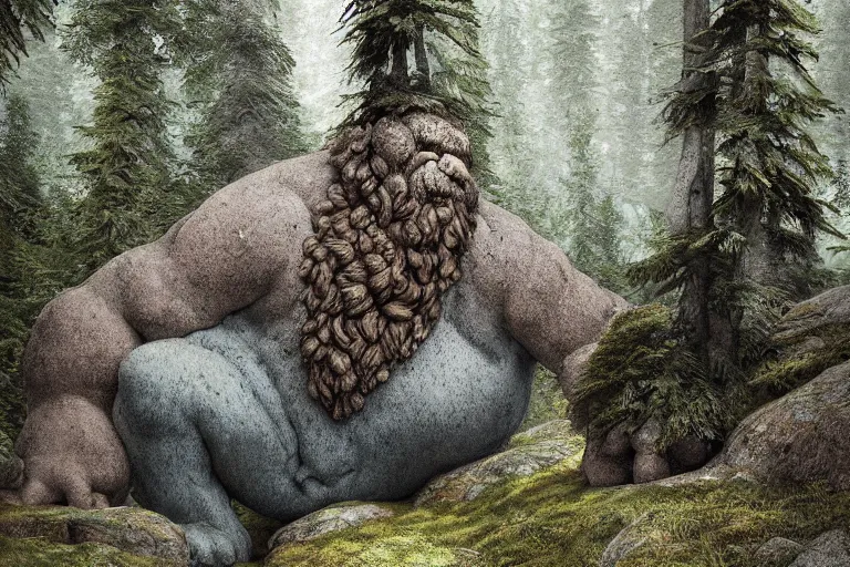 Prompt: huge mountain troll in a swedish forest, very low angle photograph, very detailed, trending on artstation, hyperrealistic, soft colors, illustration by john bauer