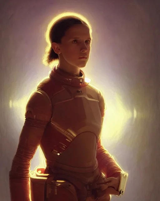 Prompt: a portrait painting of a shy, blushing 1 6 - year old alicia vikander or millie bobby brown, backlit, wearing a futuristic space suit in a space station, elegant, highly detailed, artstation, concept art, by krenz cushart and donato giancola and william adolph bouguereau and alphonse mucha