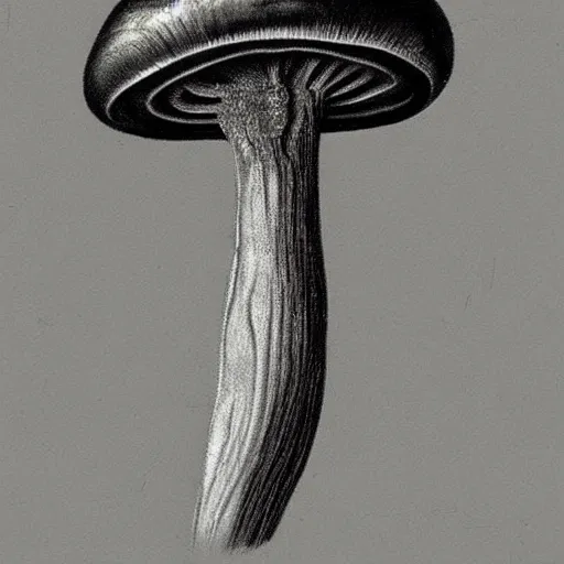 Prompt: beautiful roud mushroom cap, bottom view, luminous lamellae are clearly visible, no stipe, Giger, black background, hyper realism, epic composition