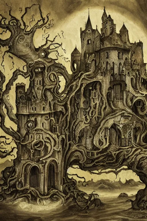 Prompt: lovecraftian, style of Bosch, castle, storm, architecture