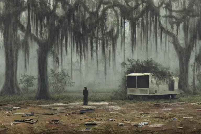 Image similar to scene from louisiana swamps, trailer in the woods, old couch, broken tv, parachute in a tree, voodoo artwork by tim eitel