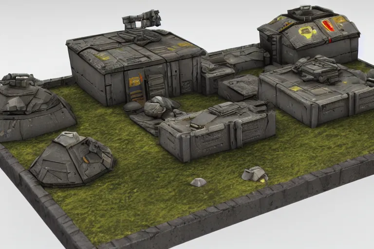 Image similar to 40k Tau empire bunker. Tao coalition. Greater good gromdark bunker. 3d printable wargaming terrain. High resolution render. CGSociety.