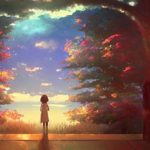 Prompt: a heavenly dream view from the interior of my cozy home interior dream world filled with color from a Makoto Shinkai oil on canvas inspired pixiv dreamy scenery art majestic fantasy scenery fantasy pixiv scenery art inspired by magical fantasy exterior illumination of awe and wonder