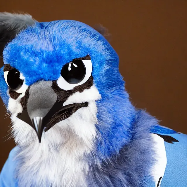 Image similar to a person wearing a fursuit of a blue jay fursona, fursona, furry convention, hotel lobby, indoors, photograph, furry fandom, photorealistic,