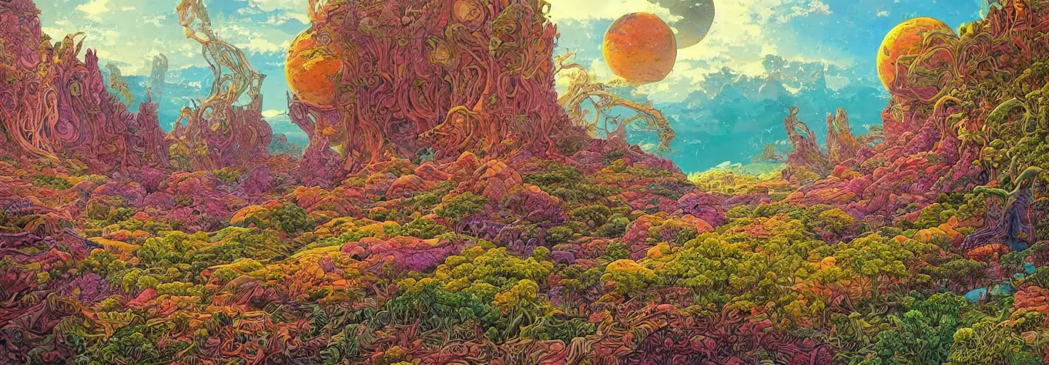 Image similar to beautiful landscape mural of an alien planet, lush landscape, vivid colors, intricate, highly detailed, masterful, fantasy world, in the style of moebius