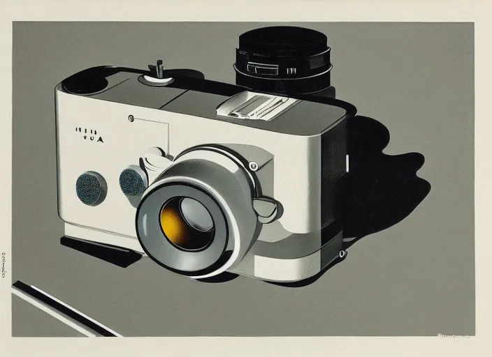 Image similar to painting by Hiroshi Yoshida of rangefinder camera designed by Dieter Rams, Naoto Fukasawa