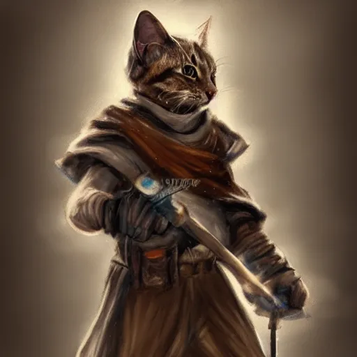 Image similar to humanoid homeless cat wearing rags, wielding a broadsword, concept art, d & d, fantasy, trending on artstation
