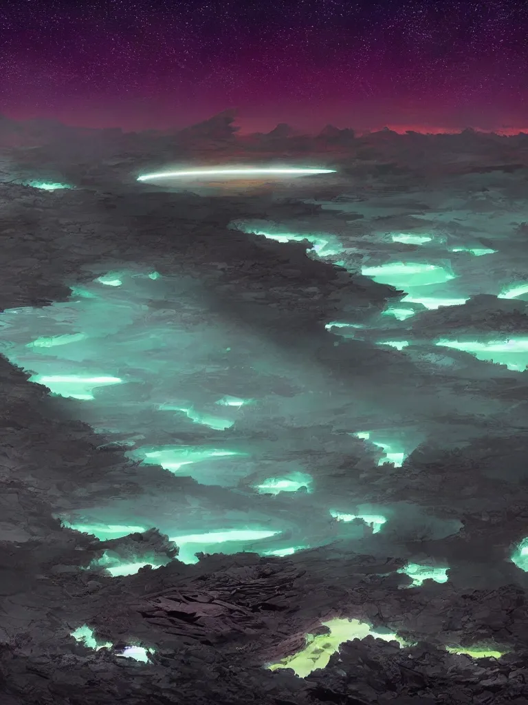 Prompt: glowing radioactive lakes on alien planet at night by disney concept artists, blunt borders, rule of thirds