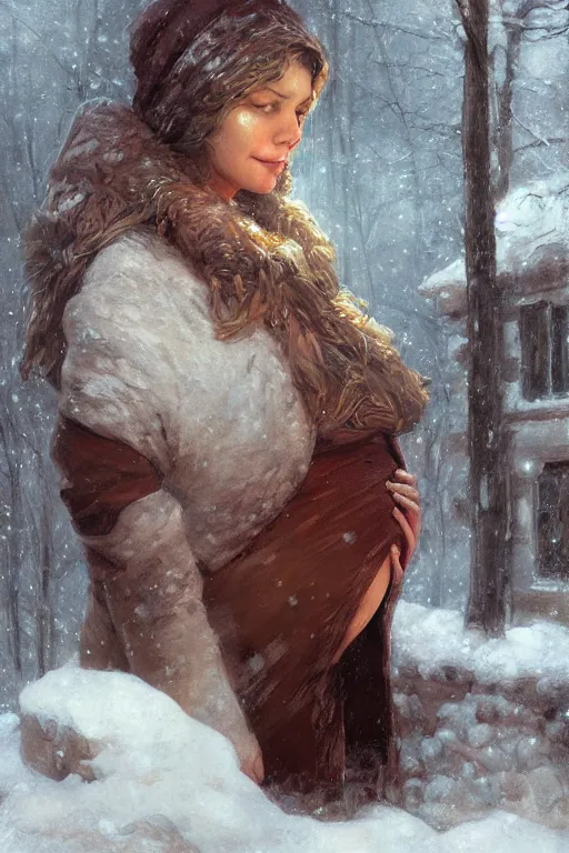Image similar to portrait of a pregnant woman in the besieged Leningrad in winter, digital painting, trending on artstation, concept art, sharp focus, illustration by Gaston Bussiere and artgerm