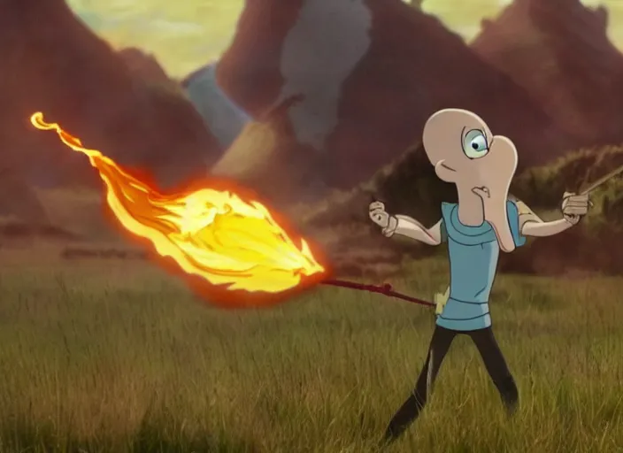 Image similar to squidward practicing firebending in an open field at susnset, screenshot from animated tv show'avatar : the last airbender'