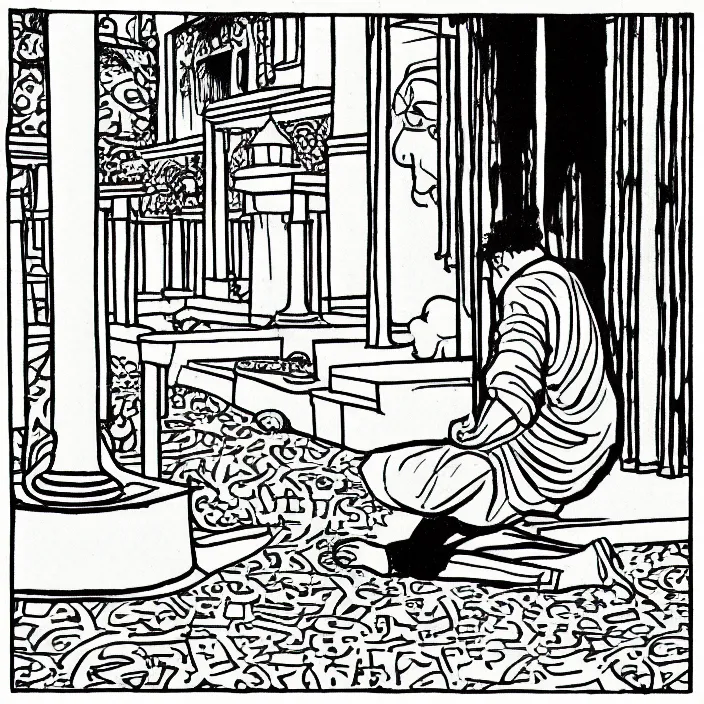 Image similar to a still frame from comic strip a person praying in the temple 1 9 9 0, new yorker illustration, monochrome contrast bw, lineart, manga, simplified