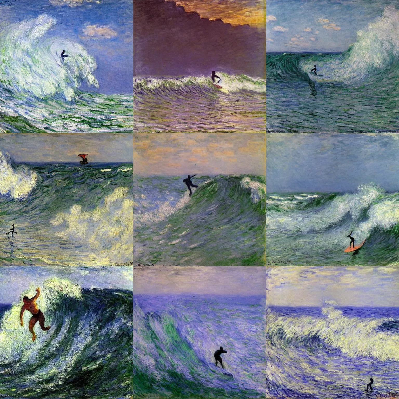 Prompt: man surfing a huge wave by claude monet