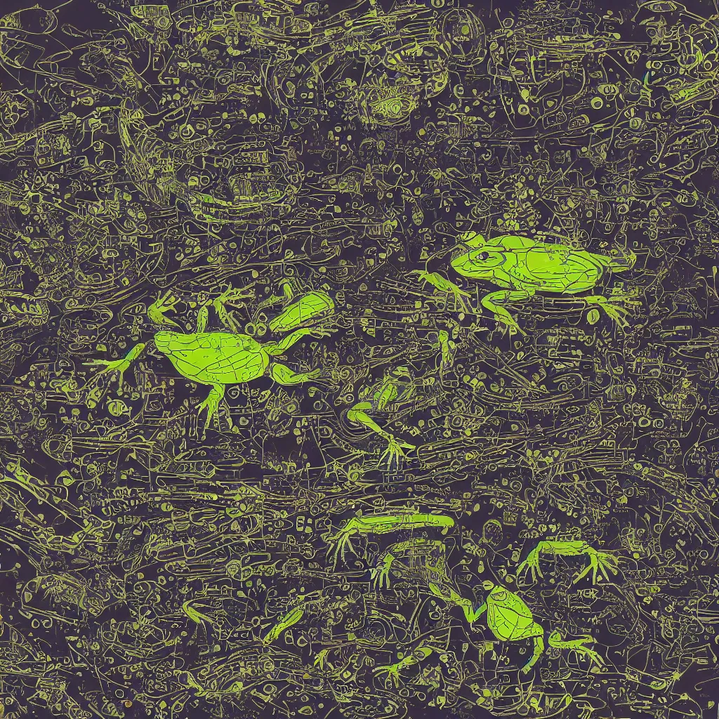 Image similar to toads, big toad, mechanical, technical, abstract, acrylic, oil, circuit board, computers, vektroid album cover, vectors, drips, dimensions, tears, leaks, glitches, frogs, amphibians, geometry, data, datamosh, motherboard, minimal, code, cybernetic, painting, dark, eerie, cyber