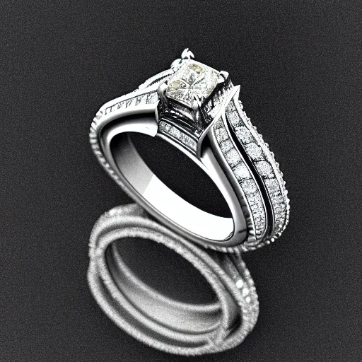 Image similar to photo of a wedding ring with two diamonds outside and one in the middle, photo realistic, hyper detailed, concept art, victorian, multiple angles