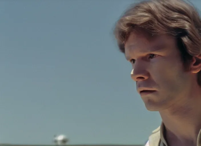 Prompt: screenshot of portrait Han Solo standing in an surreal light green 70s round minimalist architecture, iconic scene from 1970s film by Stanley Kubrick, the lost Star Wars Film, moody hazy lighting, stunning cinematography, hyper-detailed, crisp, anamorphic lenses, kodak color film stock, 4k, very detailed, hyper real render