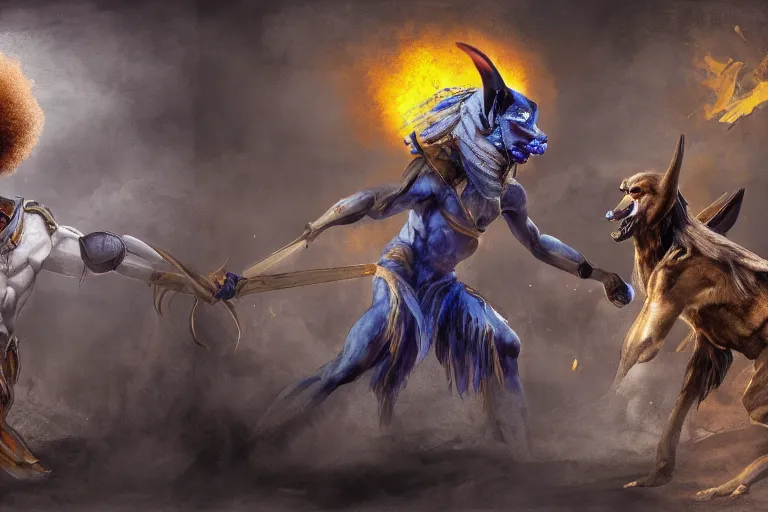 Prompt: battle to the death between anubis and bob ross, 4 k, hd, concept art