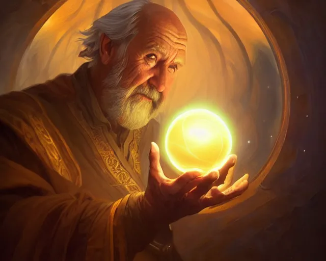 Image similar to old man creating a glowing orb, deep focus, d & d, fantasy, intricate, elegant, highly detailed, digital painting, artstation, concept art, matte, sharp focus, illustration, hearthstone, art by artgerm and greg rutkowski and alphonse mucha