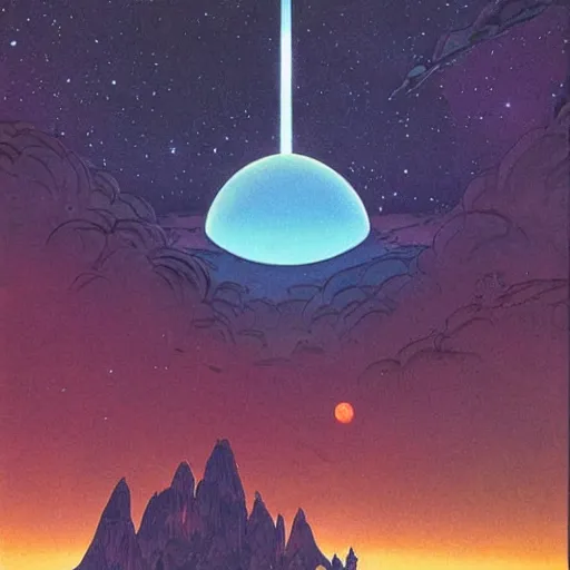 Image similar to a beautiful painting of a large alien shrine shrouded by mystic nebula magic in an asteroid field by hiroshi nagai and vincent di fate and moebius, detailed line art