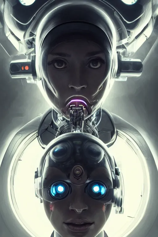 Image similar to a realistic detailed beautiful portrait of a cybernetic woman,glowing orb in her mouth, cyberpunk concept art, digital art, highly detailed, intricate, sci-fi, sharp focus, Trending on Artstation HQ, deviantart, unreal engine 5, 4K UHD image, hyperrealistic, photorealistic, art by artgerm and greg rutkowski and alphonse mucha