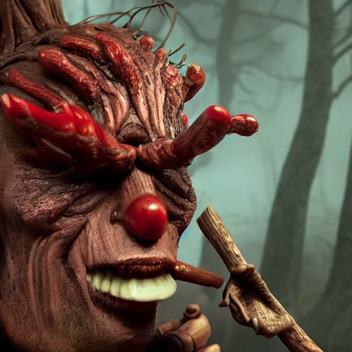 Image similar to Octane render, maya, zbrush, wacom, digital dark fantasy portrait of a wood goblin with shiny red goggles and a twig in his mouth, featured on DeviantArt.com