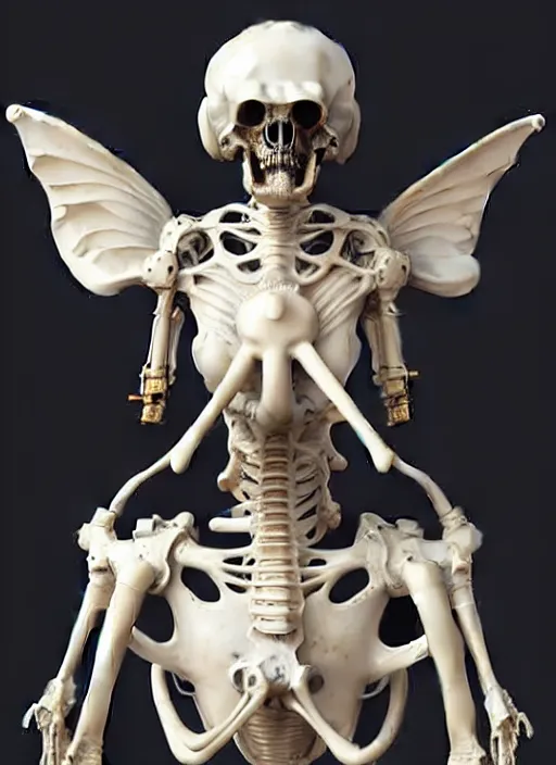 Image similar to a rococo statue of a bone spacesuit with steampunk details, occult cosmonaut inscribed with magic symbols, ivory marble statue, mohrbacher, giger, beksinski, 3 d rendering, structure, beautiful lighting, skeletal wings, uncanny, micro detail