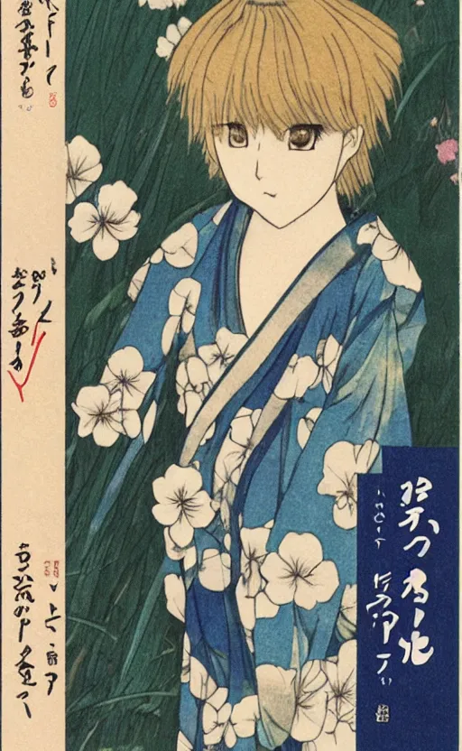 Image similar to by akio watanabe, manga art, a blond girl is looking at wooden lake bridge and iris flowers, visible face, trading card front, kimono, realistic anatomy