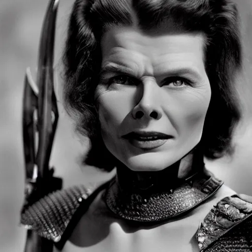 Prompt: young katharine hepburn as amazon warrior hyper realistic 4K quality