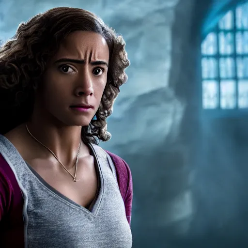 Image similar to a film still of dwayne johnson as hermione granger, studio photography, high detail, ultra high detail, 4 k, hdr, 8 k