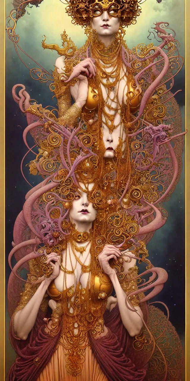 Image similar to beautiful ardhnarishwar art nouveau inter - dimensional empress tsarina character portrait, ultra realistic, intricate detailed costume designed by eiko ishioka, highly detailed by peter mohrbacher, hajime sorayama, wayne barlowe, boris vallejo, aaron horkey, gaston bussiere, craig mullins alphonse mucha