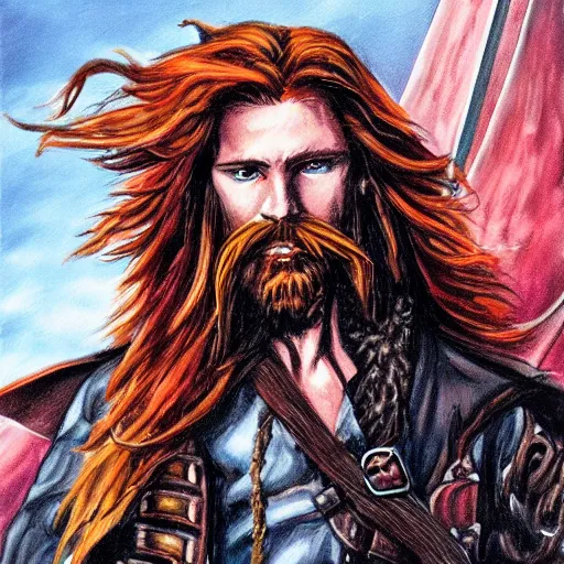 Image similar to an epic fantasy comic book style portrait painting of a long haired, red headed male sky - pirate in front of an airship