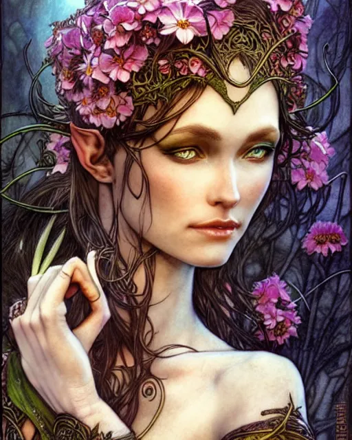 Prompt: elven woman, flowers in hair, fantasy character portrait, ultra realistic, concept art, intricate details, art nouveau, cinematic, highly detailed by boris vallejo, chris achilleos, arthur rackham