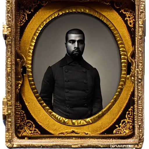 Image similar to daguerreotype portrait of kanye west wearing a confederate officer uniform, 8 k, very detailed, very intricate,