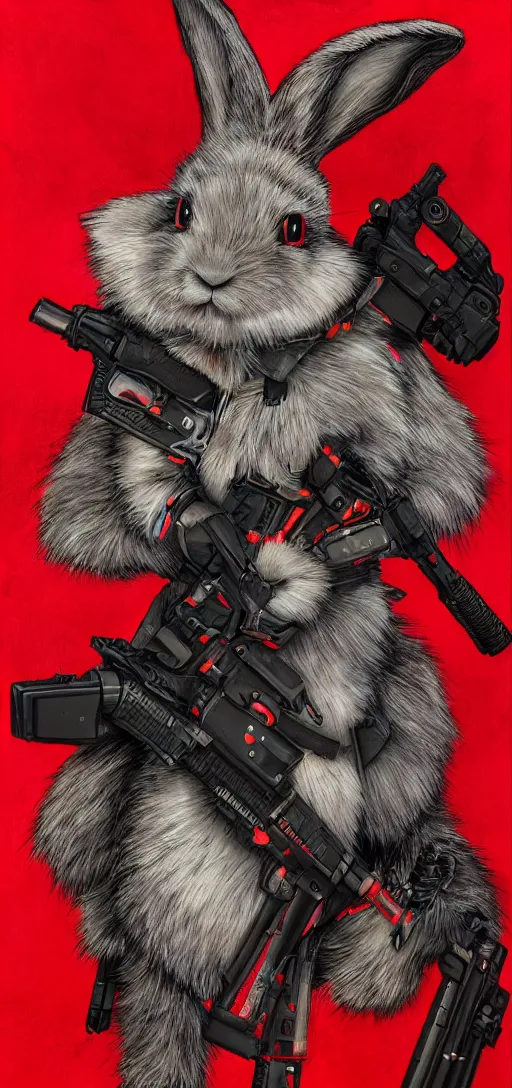 Image similar to portrait of neon fur rabbit with red eyes and a machine gun , 8k, highly detailed, sharp, realistic, in style of Brom