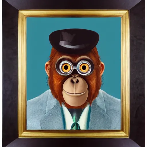 Image similar to framed portrait painting of an anthropomorphized orangutan, wearing a monocle and a small bowler hat, oversized mustache. dark outlining style. highly detailed. style of chuck u