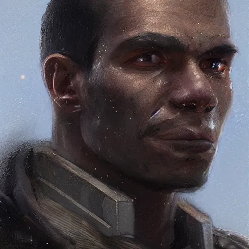 Prompt: portrait of a man by Greg Rutkowski, he is about 30 years old, british factions, he has short black military-style hair, a straight jaw, he has a scar above one eyebrow, he wears Galactic Alliance military fatigues, Star Wars Expanded Universe, highly detailed portrait, digital painting, artstation, concept art, smooth, sharp foccus ilustration, Artstation HQ