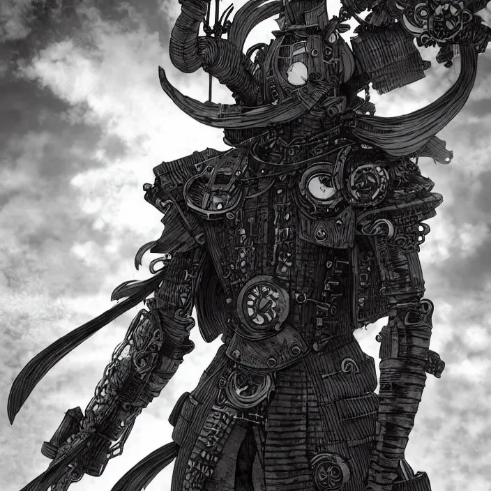 Image similar to a vertical portrait of a manga character in a scenic environment by nihei tsutomu, black and white, dreamy, steampunk armor, highly detailed, render